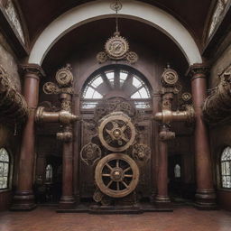 Indonesia's iconic Lawang Sewu reimagined in intricate steampunk style with plenty of gears, brass elements, and dark wood embellishments.