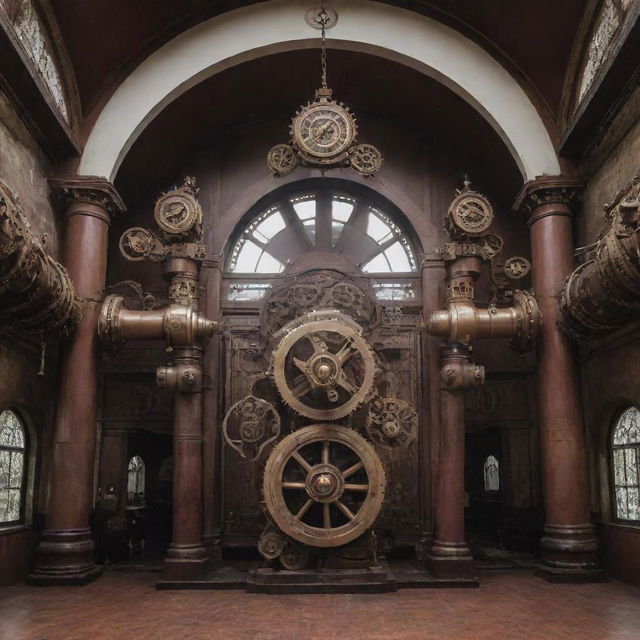 Indonesia's iconic Lawang Sewu reimagined in intricate steampunk style with plenty of gears, brass elements, and dark wood embellishments.