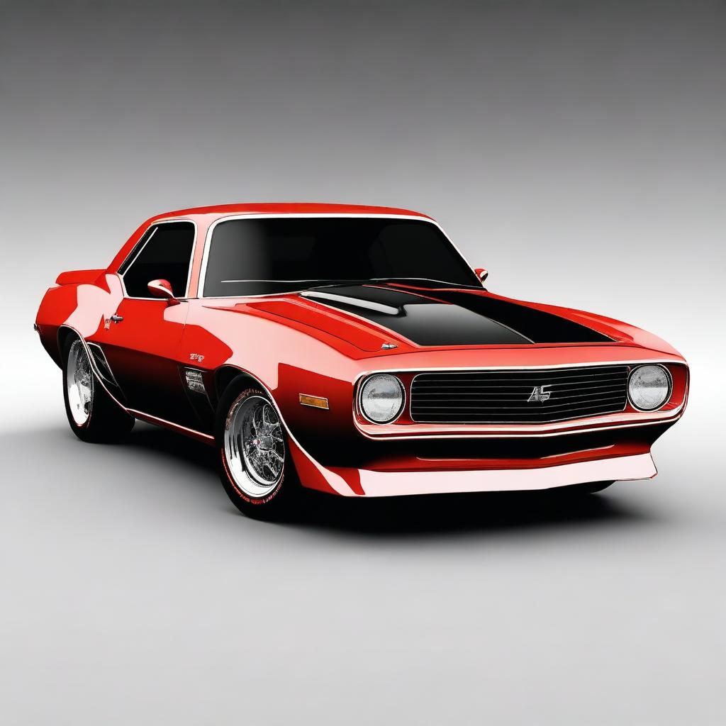 Generate an image of a fusion car that combines the design elements of a 1969 Chevy Camaro and a 1985 Trans Am