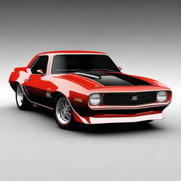 Generate an image of a fusion car that combines the design elements of a 1969 Chevy Camaro and a 1985 Trans Am