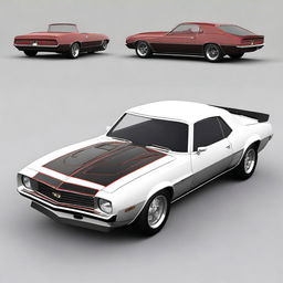 Generate an image of a fusion car that combines the design elements of a 1969 Chevy Camaro and a 1985 Trans Am