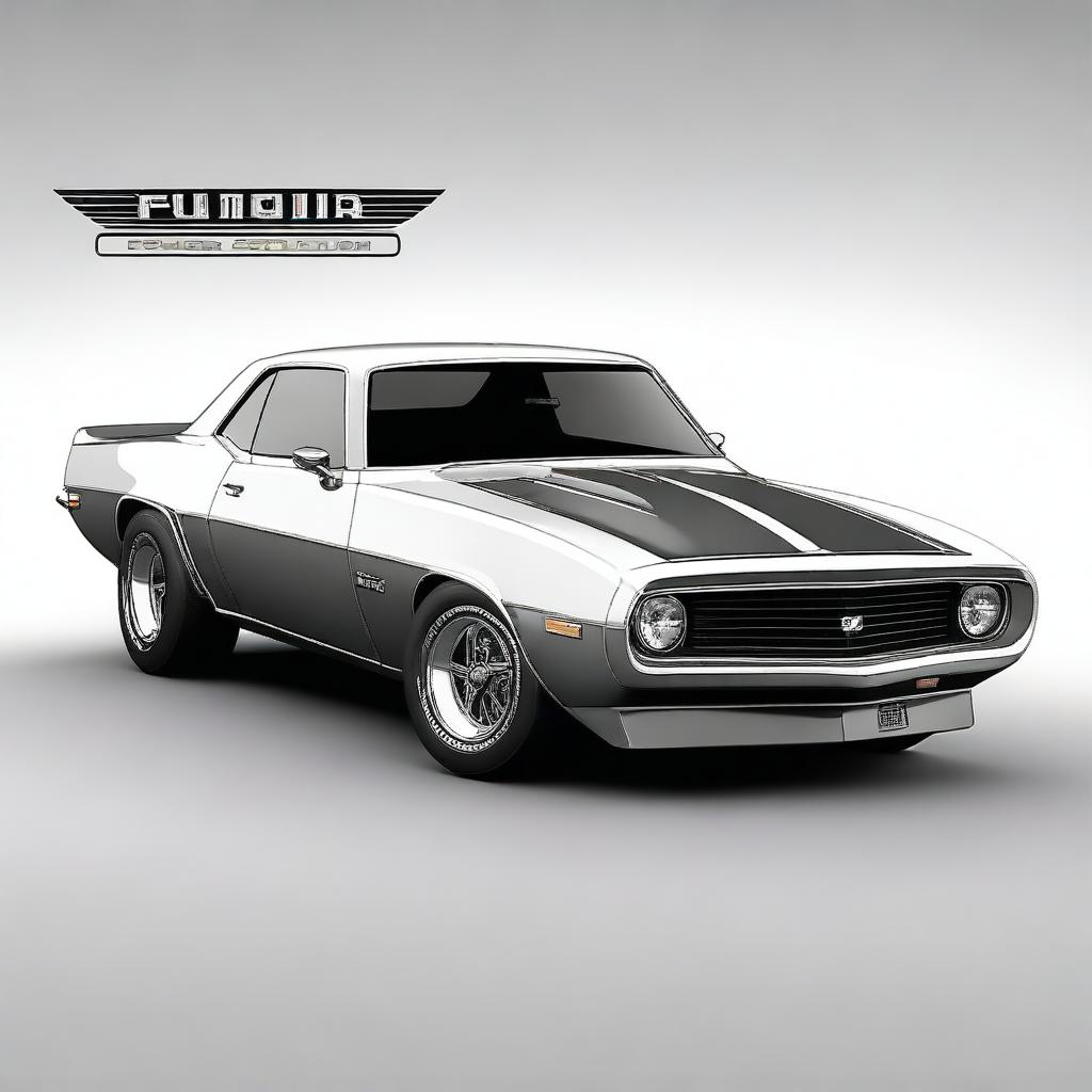 Generate an image of a fusion car that combines the design elements of a 1969 Chevy Camaro and a 1985 Trans Am