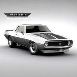 Generate an image of a fusion car that combines the design elements of a 1969 Chevy Camaro and a 1985 Trans Am