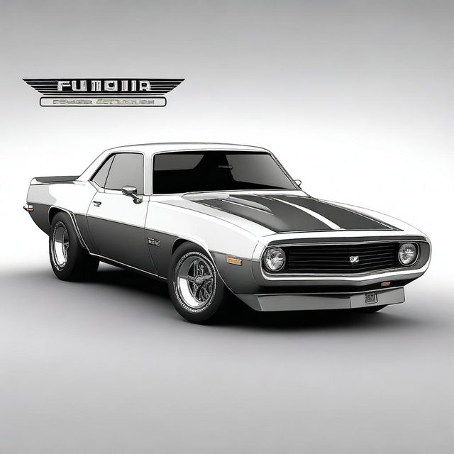 Generate an image of a fusion car that combines the design elements of a 1969 Chevy Camaro and a 1985 Trans Am