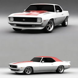Generate an image of a fusion car that combines the design elements of a 1969 Chevy Camaro and a 1985 Trans Am