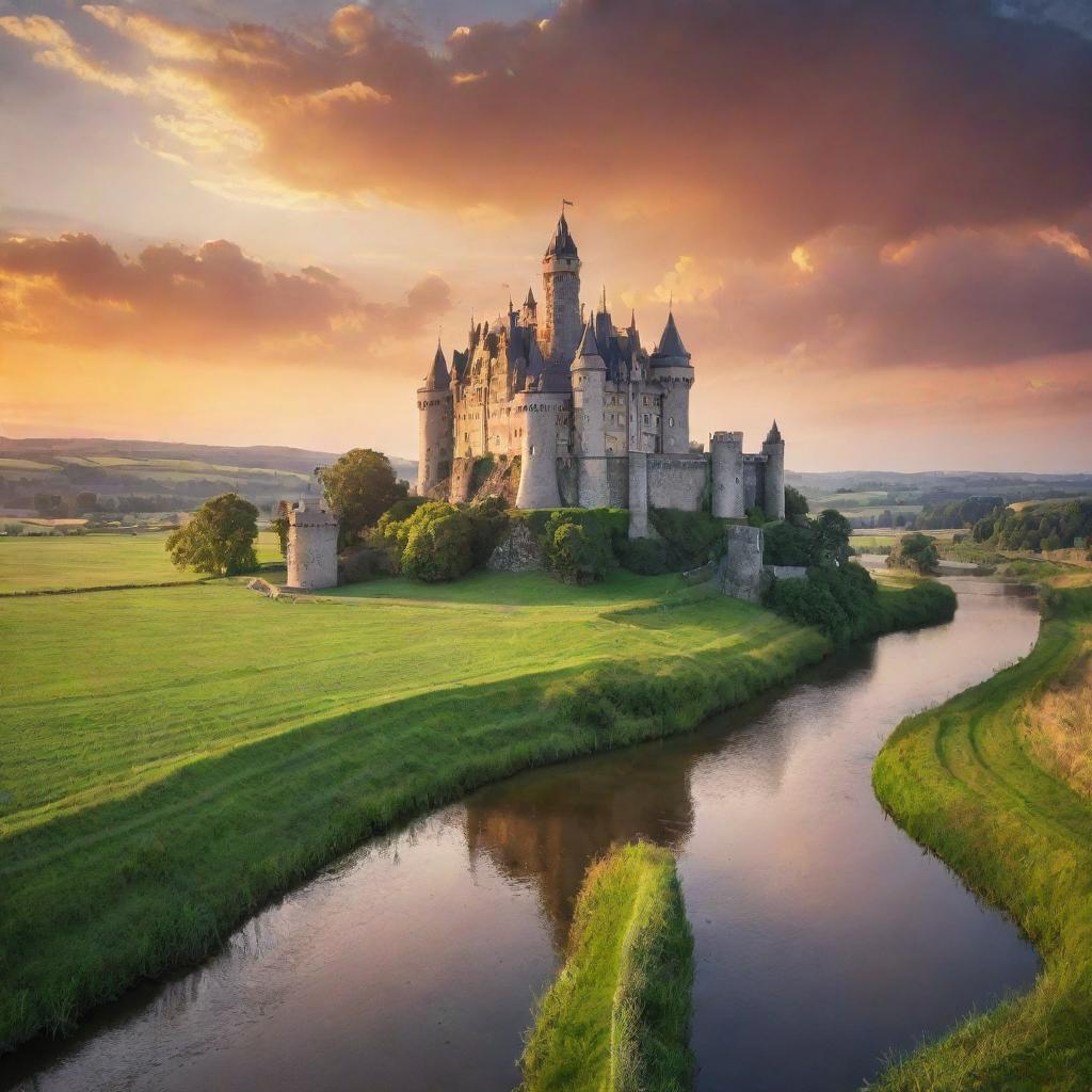 A majestic castle standing tall under a vibrant sunset, surrounded by a serene landscape with lush green fields, and a tranquil river flowing in the foreground.