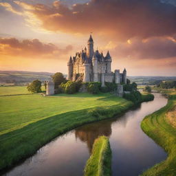 A majestic castle standing tall under a vibrant sunset, surrounded by a serene landscape with lush green fields, and a tranquil river flowing in the foreground.