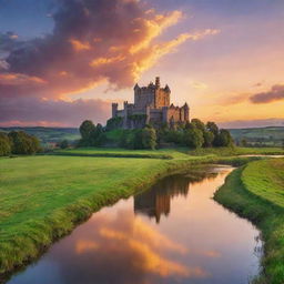 A majestic castle standing tall under a vibrant sunset, surrounded by a serene landscape with lush green fields, and a tranquil river flowing in the foreground.