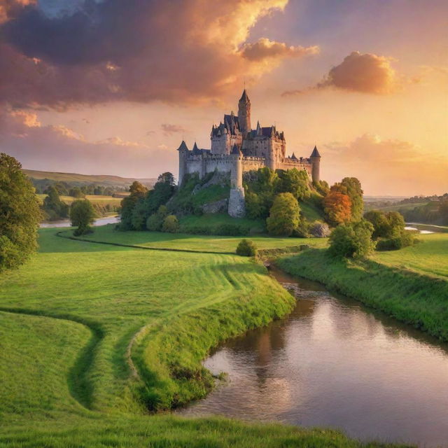 A majestic castle standing tall under a vibrant sunset, surrounded by a serene landscape with lush green fields, and a tranquil river flowing in the foreground.