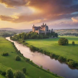 A majestic castle standing tall under a vibrant sunset, surrounded by a serene landscape with lush green fields, and a tranquil river flowing in the foreground.