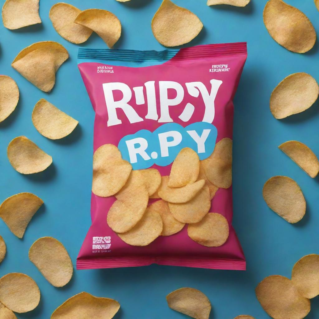 A bright, crispy-looking bag of chips labeled 'Ripsy' in creative, bold typography. Use exciting colors to draw attention and have multitude of chips visible.