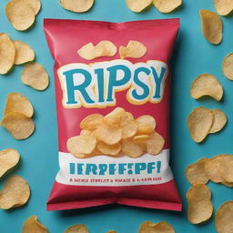 A bright, crispy-looking bag of chips labeled 'Ripsy' in creative, bold typography. Use exciting colors to draw attention and have multitude of chips visible.