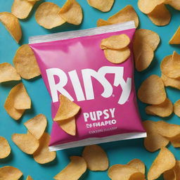 A bright, crispy-looking bag of chips labeled 'Ripsy' in creative, bold typography. Use exciting colors to draw attention and have multitude of chips visible.