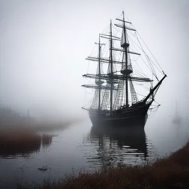 As the night fell, the abandoned and eerie sailing ship slowly emerged from the dense fog.