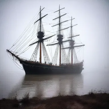 As the night fell, the abandoned and eerie sailing ship slowly emerged from the dense fog.