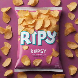 A bright, crispy-looking bag of chips labeled 'Ripsy' in creative, bold typography. Use exciting colors to draw attention and have multitude of chips visible.