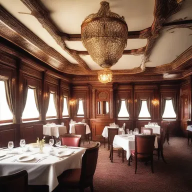 The elegant dining room of the grand sailing ship was adorned with intricate woodwork and luxurious furnishings.