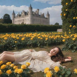 A picturesque scene with a grand castle as the backdrop and a girl lying serenely on the ground, surrounded by a scattering of vibrant yellow roses.