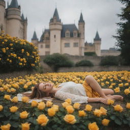 A picturesque scene with a grand castle as the backdrop and a girl lying serenely on the ground, surrounded by a scattering of vibrant yellow roses.