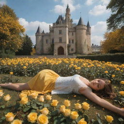 A picturesque scene with a grand castle as the backdrop and a girl lying serenely on the ground, surrounded by a scattering of vibrant yellow roses.