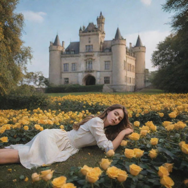 A picturesque scene with a grand castle as the backdrop and a girl lying serenely on the ground, surrounded by a scattering of vibrant yellow roses.