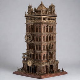 The Leaning Tower of Pisa reinterpreted in a steampunk style, highlighting intricate gear mechanisms, brass accents, and rich wood details intertwined with the classical architecture.