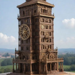 The Leaning Tower of Pisa reinterpreted in a steampunk style, highlighting intricate gear mechanisms, brass accents, and rich wood details intertwined with the classical architecture.