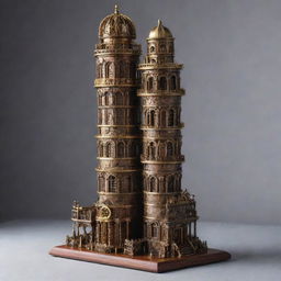 The Leaning Tower of Pisa reinterpreted in a steampunk style, highlighting intricate gear mechanisms, brass accents, and rich wood details intertwined with the classical architecture.