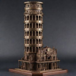 The Leaning Tower of Pisa reinterpreted in a steampunk style, highlighting intricate gear mechanisms, brass accents, and rich wood details intertwined with the classical architecture.