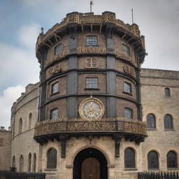 The historic Tower of London reimagined in a steampunk aesthetic, merging ornate gears, brass embellishments, and dark wooden elements with the original fortress's structural features.