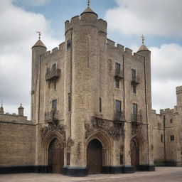 The historic Tower of London reimagined in a steampunk aesthetic, merging ornate gears, brass embellishments, and dark wooden elements with the original fortress's structural features.