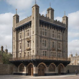 The historic Tower of London reimagined in a steampunk aesthetic, merging ornate gears, brass embellishments, and dark wooden elements with the original fortress's structural features.