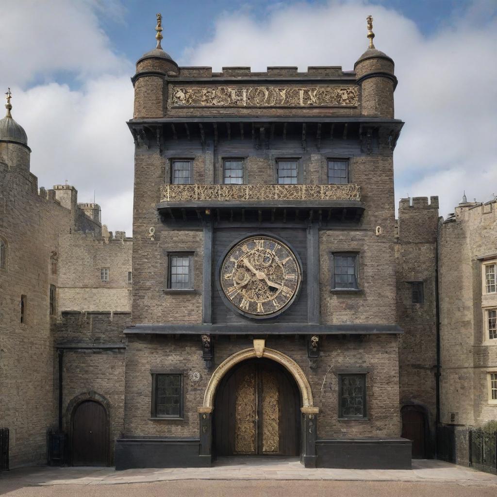 The historic Tower of London reimagined in a steampunk aesthetic, merging ornate gears, brass embellishments, and dark wooden elements with the original fortress's structural features.