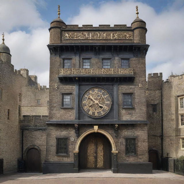 The historic Tower of London reimagined in a steampunk aesthetic, merging ornate gears, brass embellishments, and dark wooden elements with the original fortress's structural features.