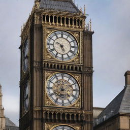 London's Big Ben clock tower transformed into a grand steampunk spectacle, adorned with ornate gears, brass finishes, and dark, polished wood components.