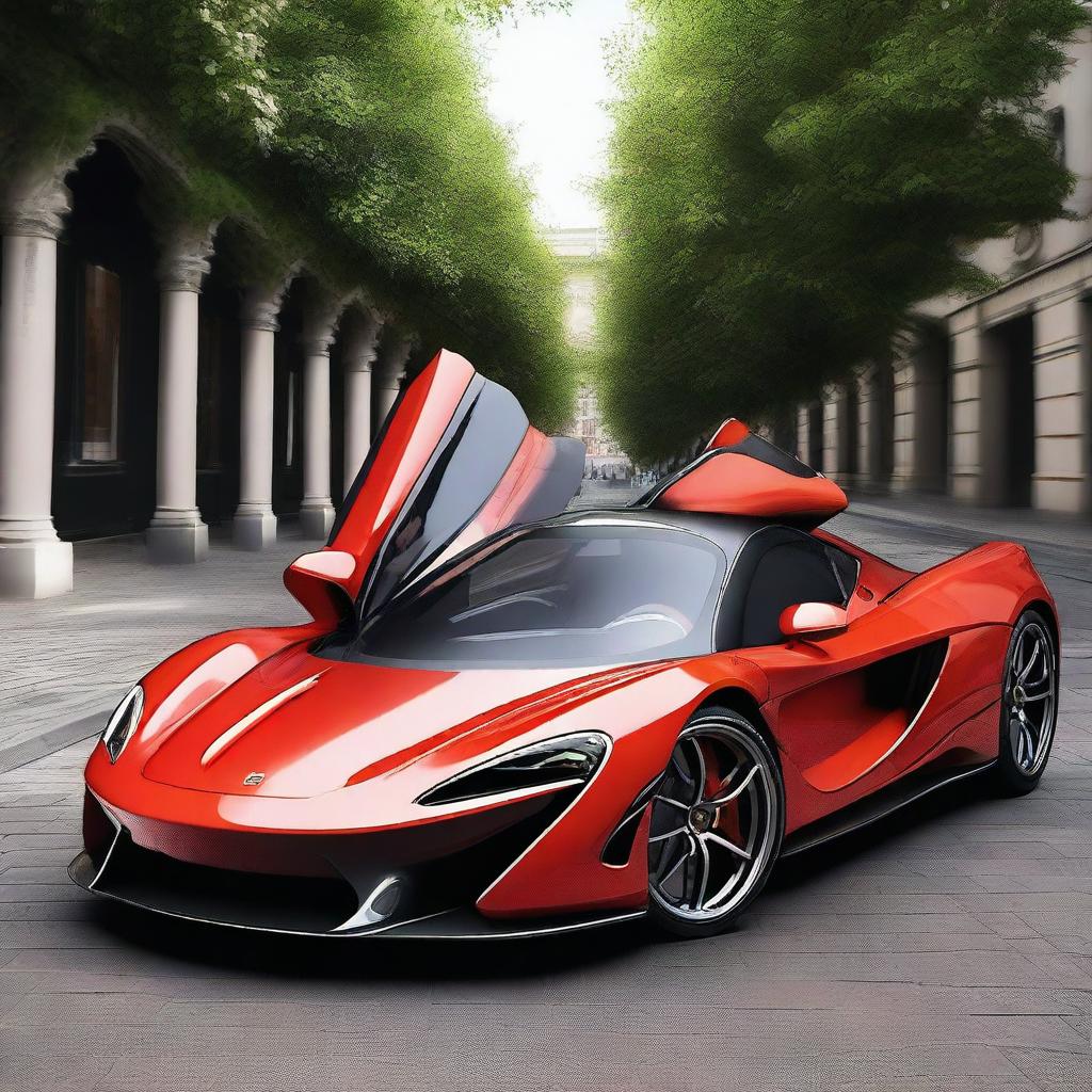 Generate an image of a fusion car that merges the design elements of a McLaren supercar and a Ferrari F50