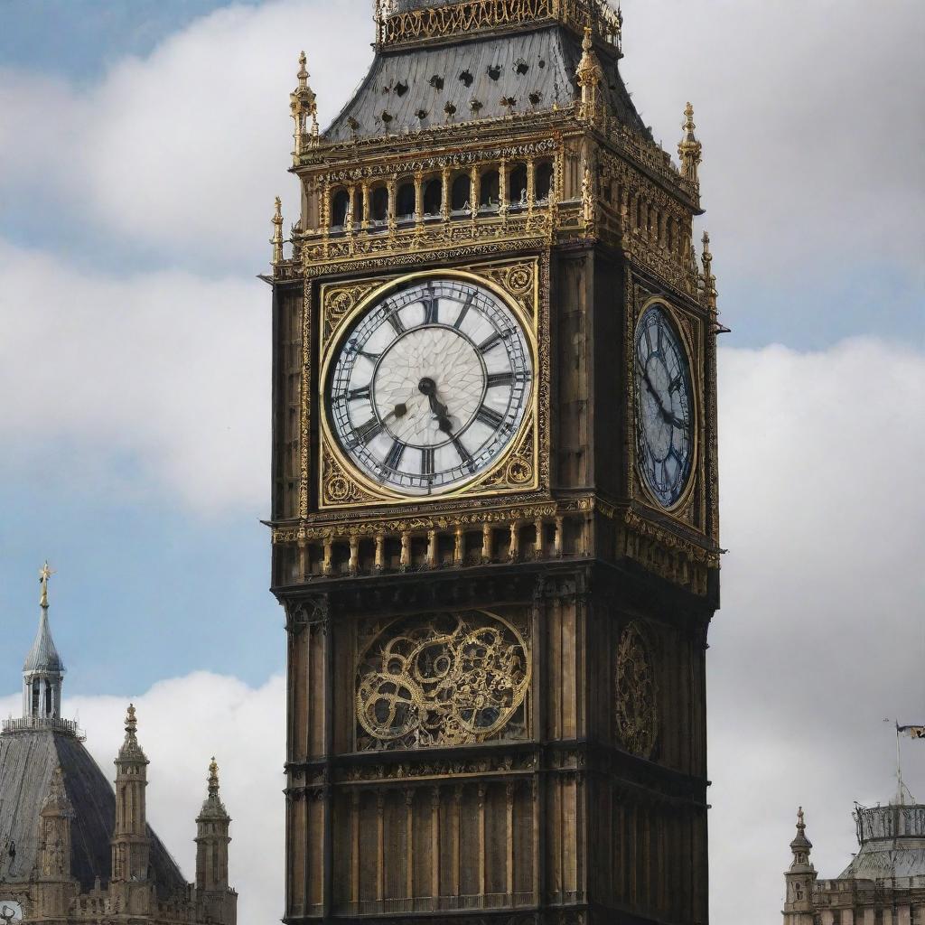 London's Big Ben clock tower transformed into a grand steampunk spectacle, adorned with ornate gears, brass finishes, and dark, polished wood components.