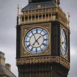 London's Big Ben clock tower transformed into a grand steampunk spectacle, adorned with ornate gears, brass finishes, and dark, polished wood components.