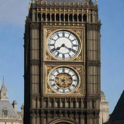 London's Big Ben clock tower transformed into a grand steampunk spectacle, adorned with ornate gears, brass finishes, and dark, polished wood components.