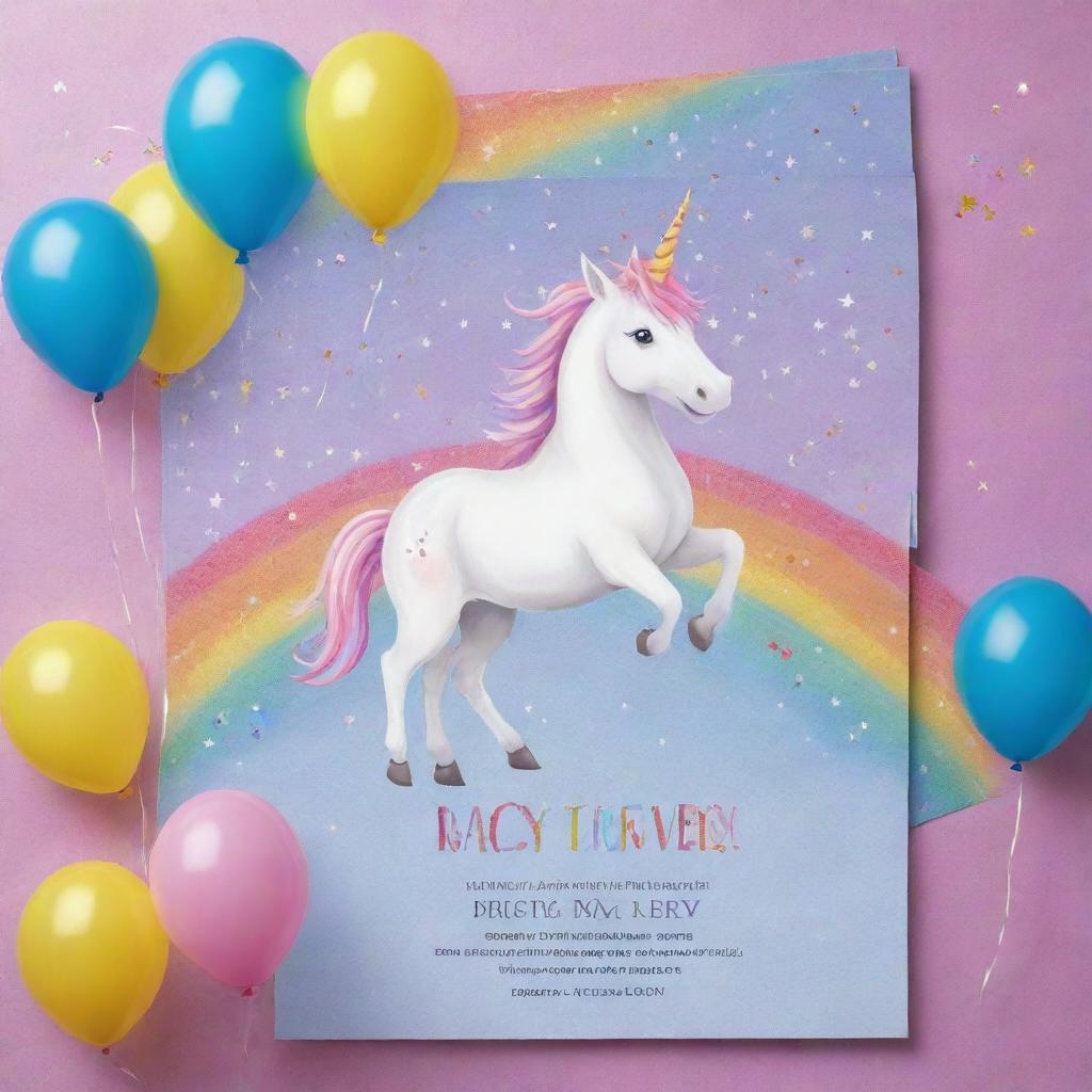 A colorful child's birthday invitation featuring a friendly unicorn against a whimsical rainbow backdrop, surrounded by sparkles and balloons.