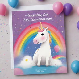 A colorful child's birthday invitation featuring a friendly unicorn against a whimsical rainbow backdrop, surrounded by sparkles and balloons.