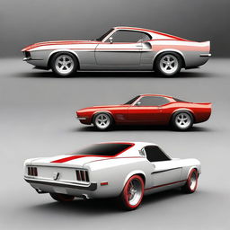 Generate an image of a fusion car that combines the design elements of a 1969 Ford Mustang and a Ferrari F50
