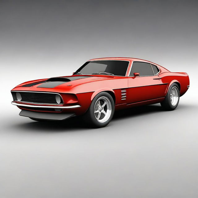 Generate an image of a fusion car that combines the design elements of a 1969 Ford Mustang and a Ferrari F50