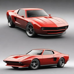 Generate an image of a fusion car that combines the design elements of a 1969 Ford Mustang and a Ferrari F50