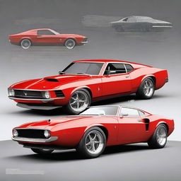 Generate an image of a fusion car that combines the design elements of a 1969 Ford Mustang and a Ferrari F50