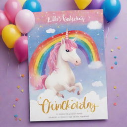 A colorful child's birthday invitation featuring a friendly unicorn against a whimsical rainbow backdrop, surrounded by sparkles and balloons.