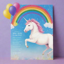 A colorful child's birthday invitation featuring a friendly unicorn against a whimsical rainbow backdrop, surrounded by sparkles and balloons.