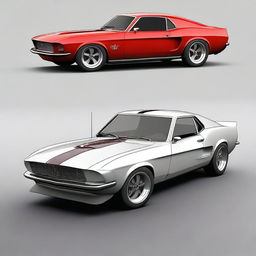 Generate an image of a fusion car that combines the design elements of a 1969 Ford Mustang and a Ferrari F50