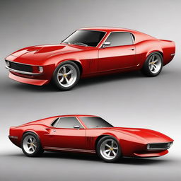 Generate an image of a fusion car that combines the design elements of a 1969 Ford Mustang and a Ferrari F50