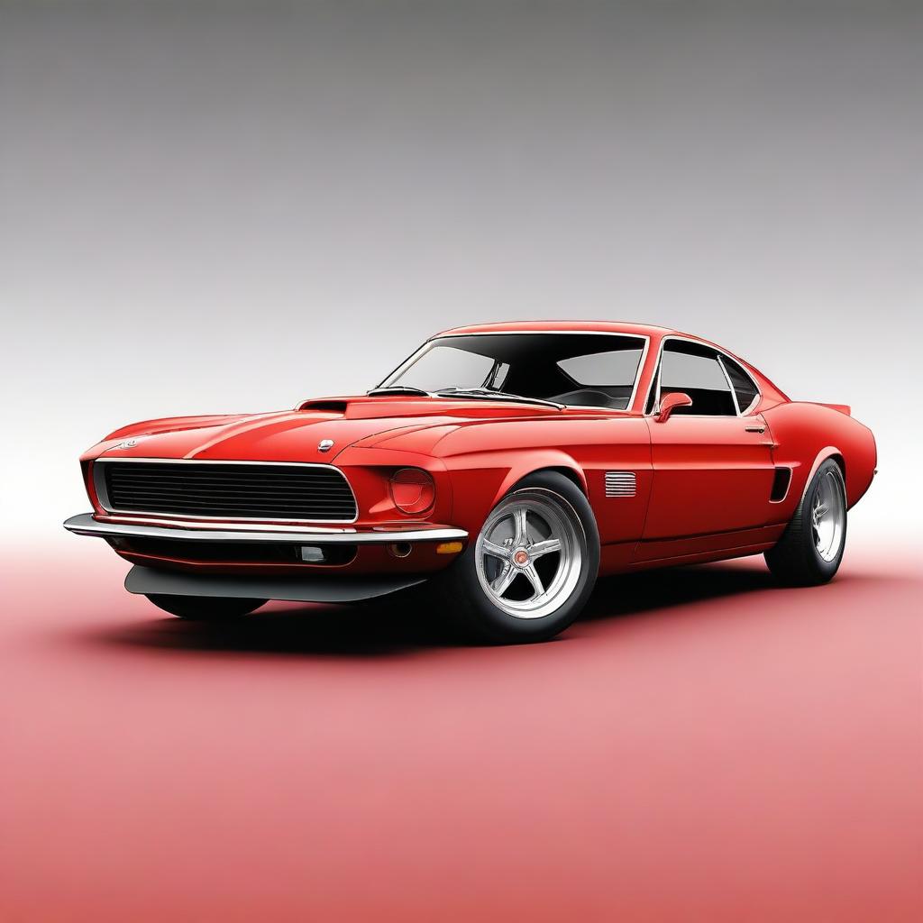 Generate an image of a fusion car that combines the design elements of a 1969 Ford Mustang and a Ferrari F50